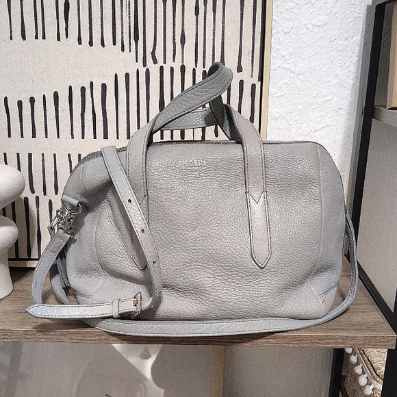 Fossil Blue Grey Satchel Textured Leather Bag With Detachable Strap - Picture 1 of 13